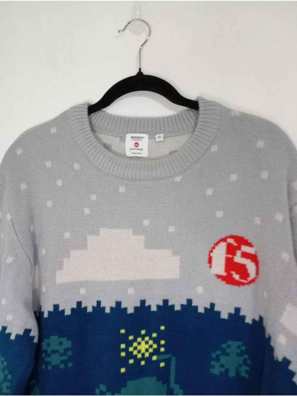 By Roody F5 Pixel Art Octopus Space-Themed Sweater Men's XL Grey Navy